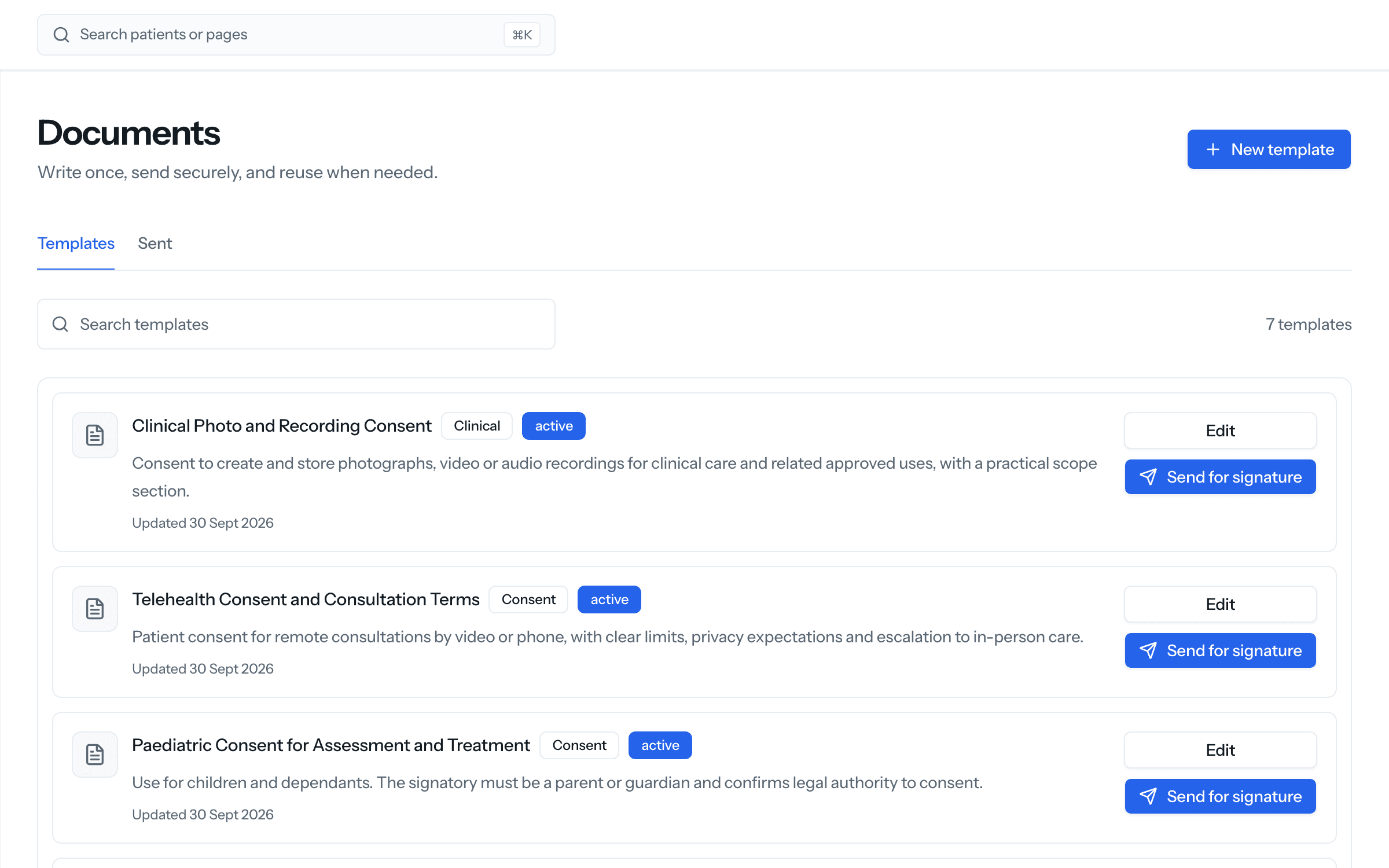 SnagMD document templates ready to send for signature